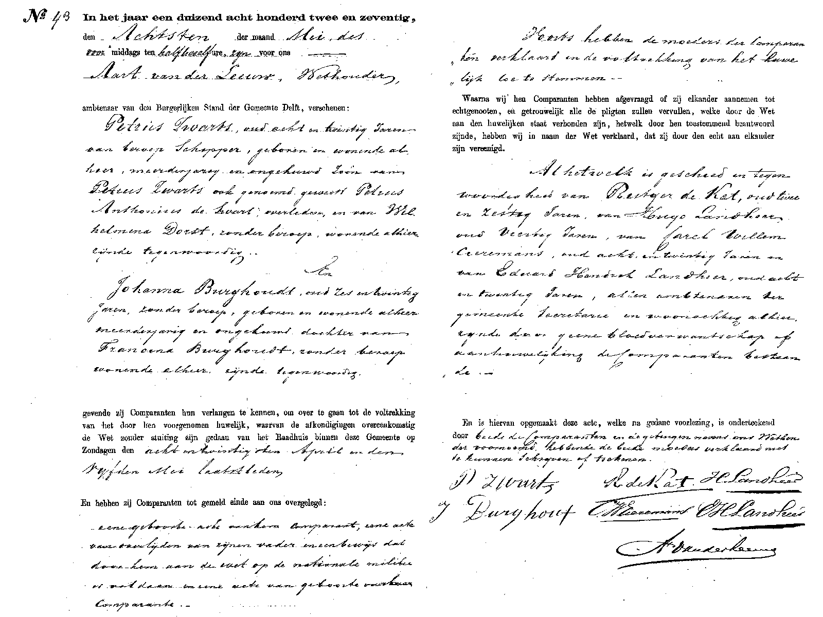 18720508 huw akte 43 Delft Petrus Zwarts - Johanna Burghoudt